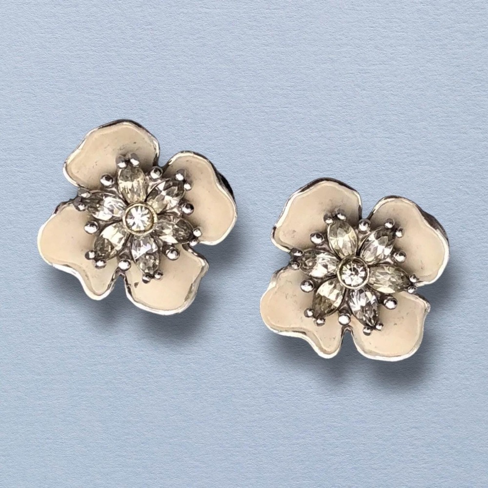 Vintage Pennino Earrings Flowers Enamel Silver Tone Rhinestones Clip Ons
